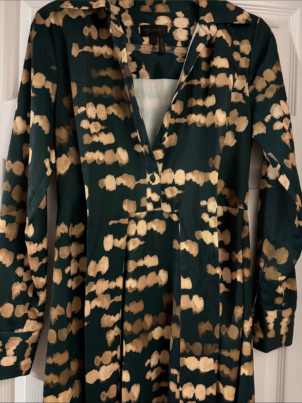 Donna Karan Dark Green & Gold Printed Long-Sleeve Dress